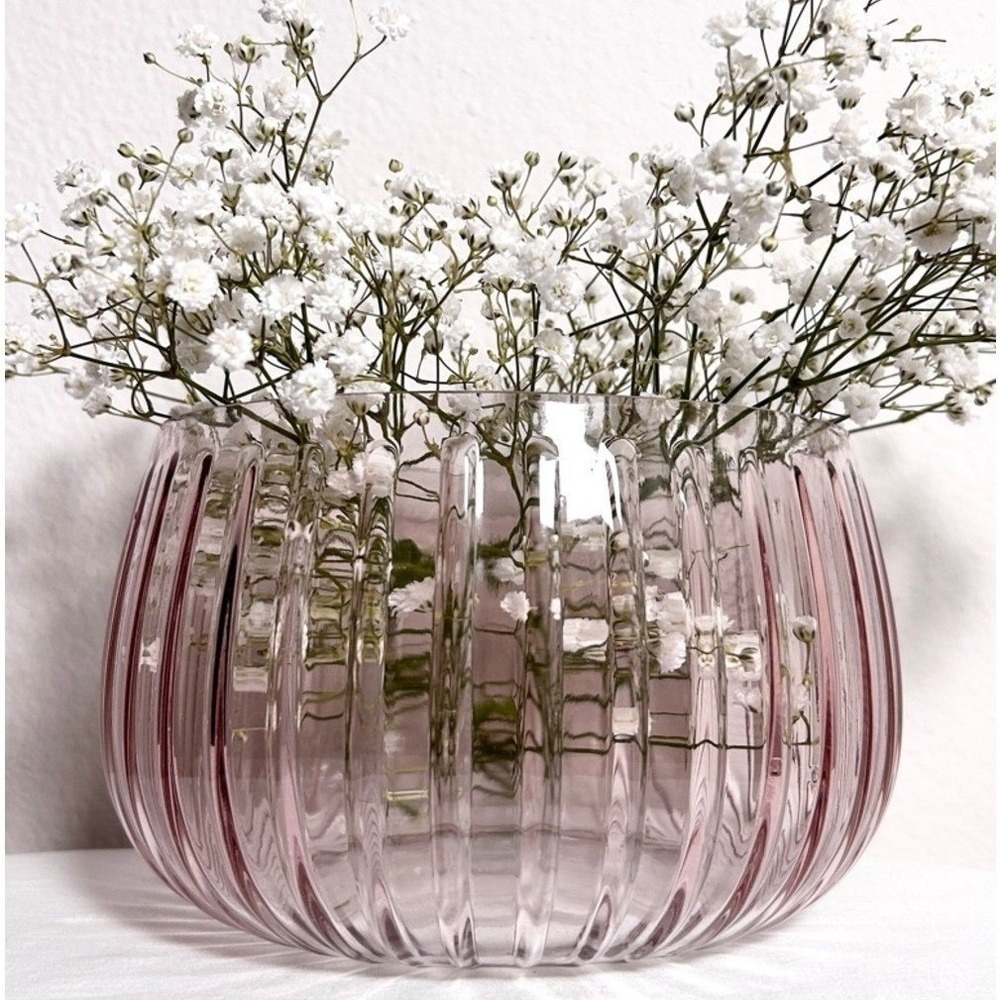 Vintage Mauve Pink Purple Ribbed Glass Pumpkin Vase Cottagecore Whimsical 4.75in